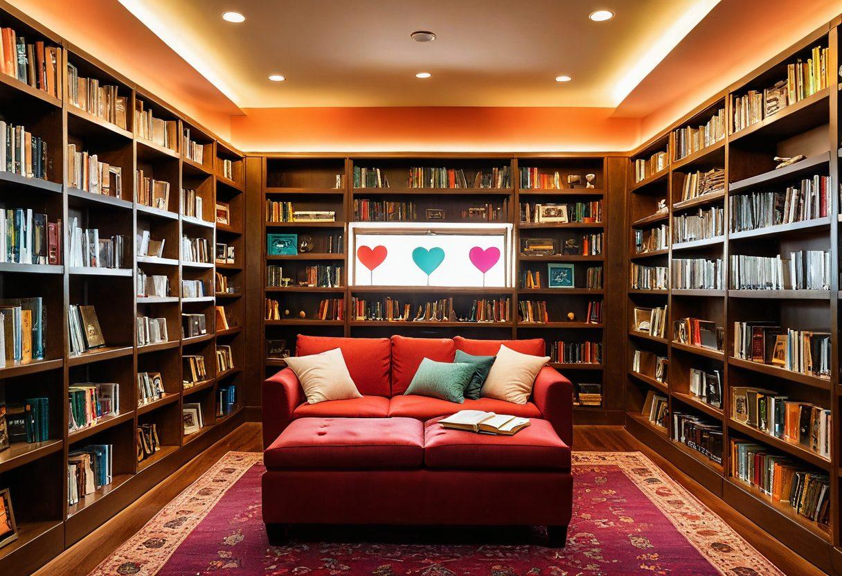 A vibrant and inviting library setting with a cozy reading nook surrounded by colorful books on sexual wellness and adult media. Include a large, open book with pages filled with insightful graphics and symbols related to intimacy, relationships, and self-care. Soft, warm lighting creates an atmosphere of knowledge and discovery. Incorporate subtle elements like heart shapes or wellness symbols in the background. super-realistic. vibrant colors. warm tones.