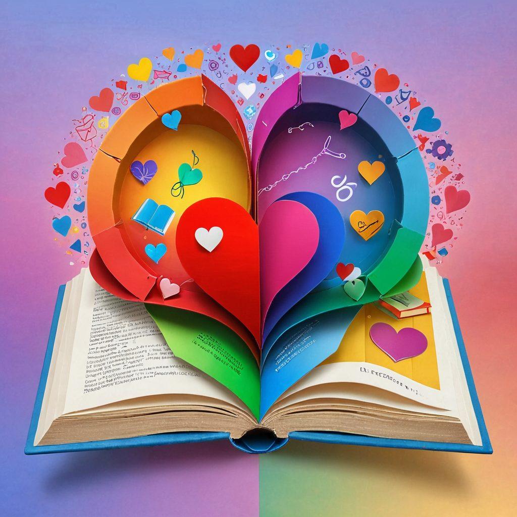 A harmonious blend of an open book with educational diagrams on one side, featuring illustrations of healthy relationships and consent, and vibrant, tasteful adult-themed art on the other side to signify adult content. The background is a soft gradient that suggests intimacy, with symbols representing love, safety, and sexuality. Include elements like hearts, shields, and chains breaking to symbolize freedom and understanding. super-realistic. vibrant colors. soft gradient background.